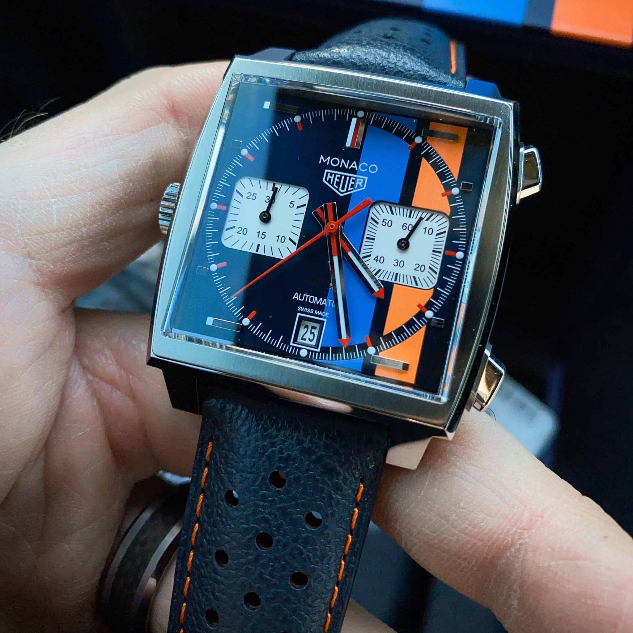 Leather Strap - For Tag Heuer Monaco - Blue/Orange - Helvetus
