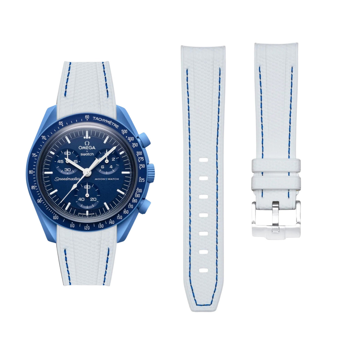 Strap for Mission to Neptune Moonswatch in White w/Blue - Helvetus 