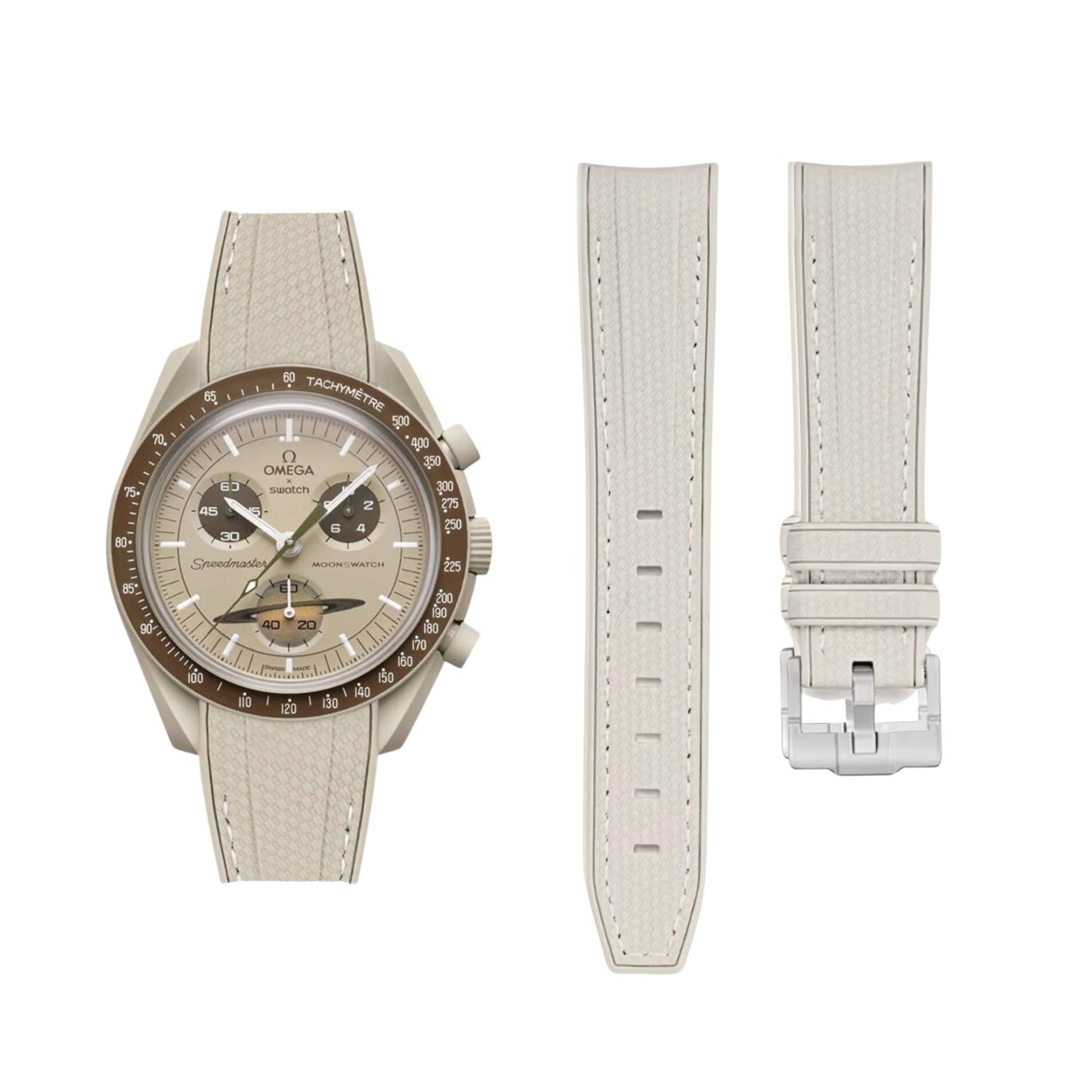 Strap for Mission to Saturn Moonswatch in Beige w/White - Helvetus 